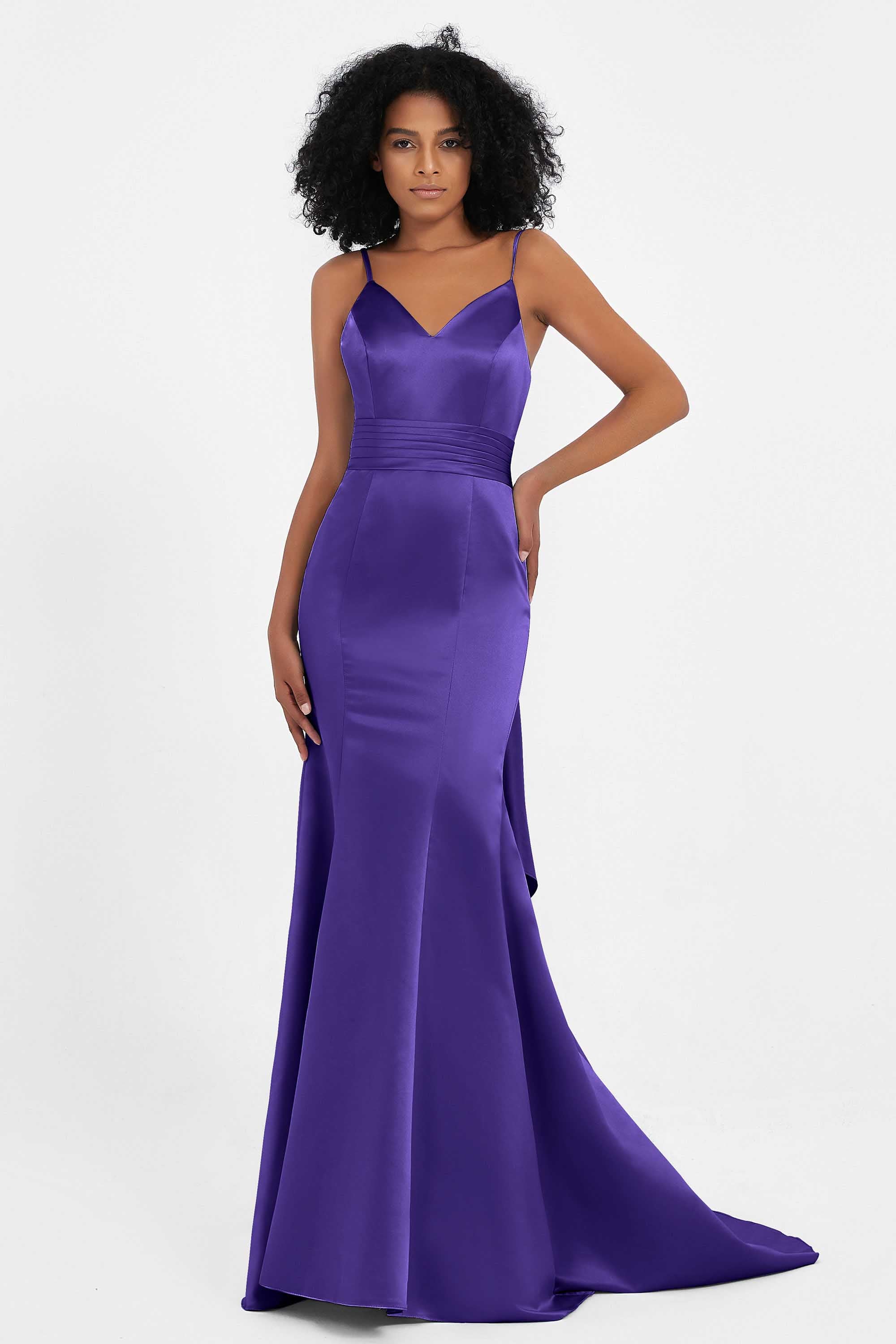 Spaghetti Straps V Neck Satin Formal Evening Dresses Mermaid Prom Party Gowns with Bowknot
