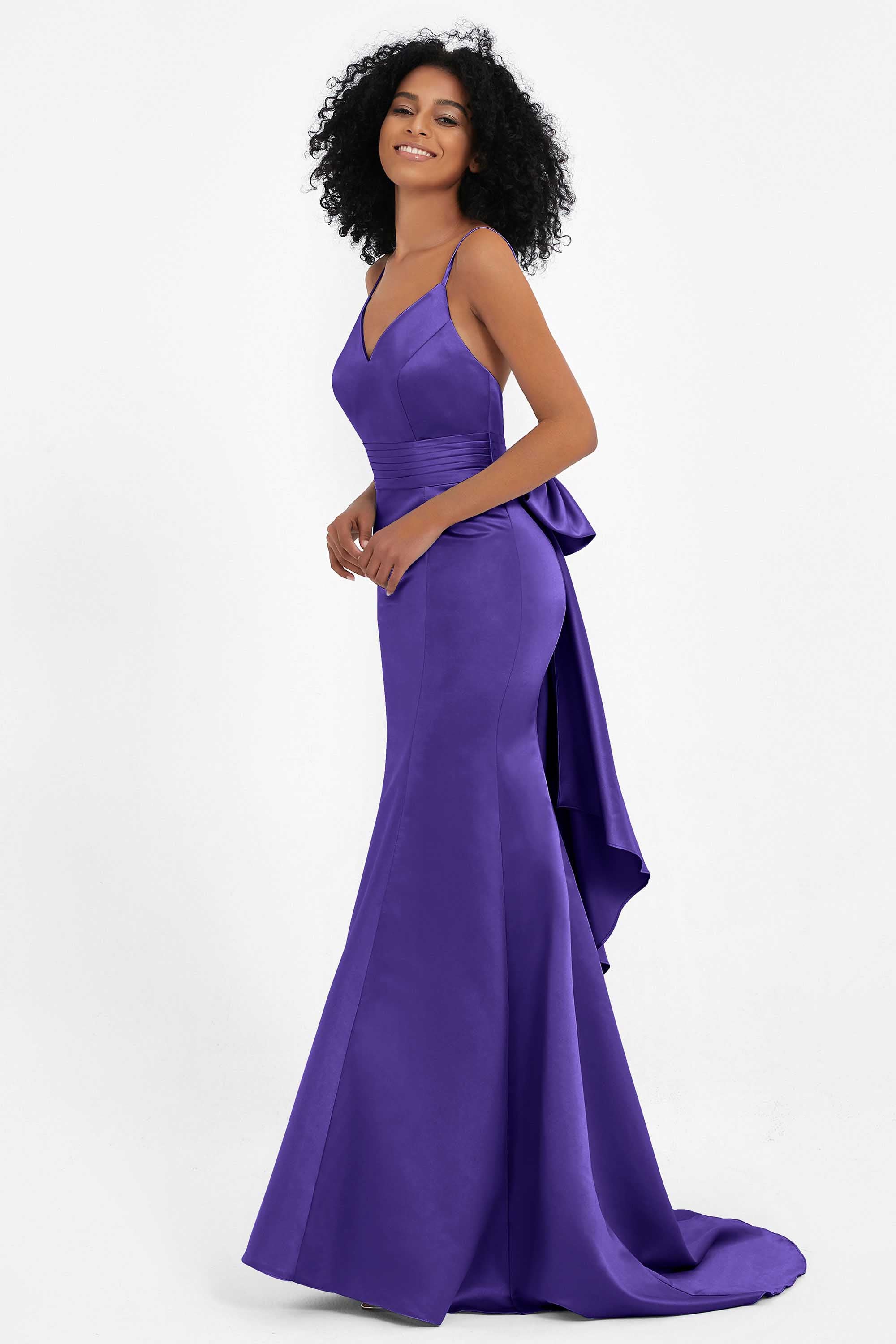 Spaghetti Straps V Neck Satin Formal Evening Dresses Mermaid Prom Party Gowns with Bowknot