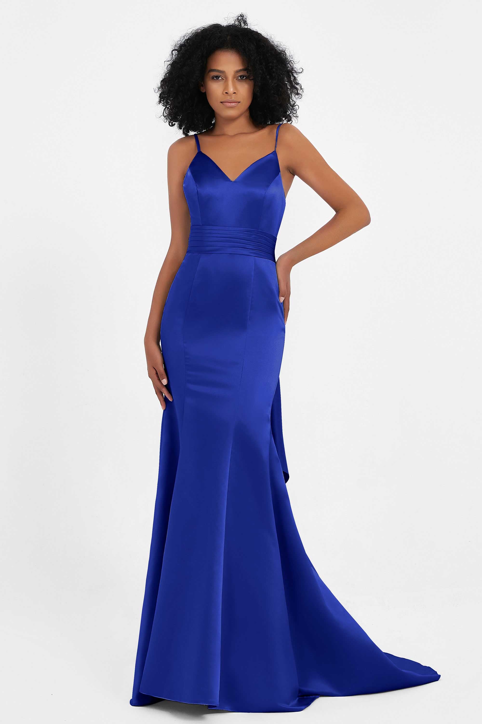 Spaghetti Straps V Neck Satin Formal Evening Dresses Mermaid Prom Party Gowns with Bowknot
