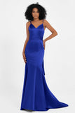 Spaghetti Straps V Neck Satin Formal Evening Dresses Mermaid Prom Party Gowns with Bowknot