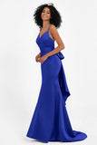 Spaghetti Straps V Neck Satin Formal Evening Dresses Mermaid Prom Party Gowns with Bowknot