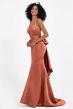 Spaghetti Straps V Neck Satin Formal Evening Dresses Mermaid Prom Party Gowns with Bowknot