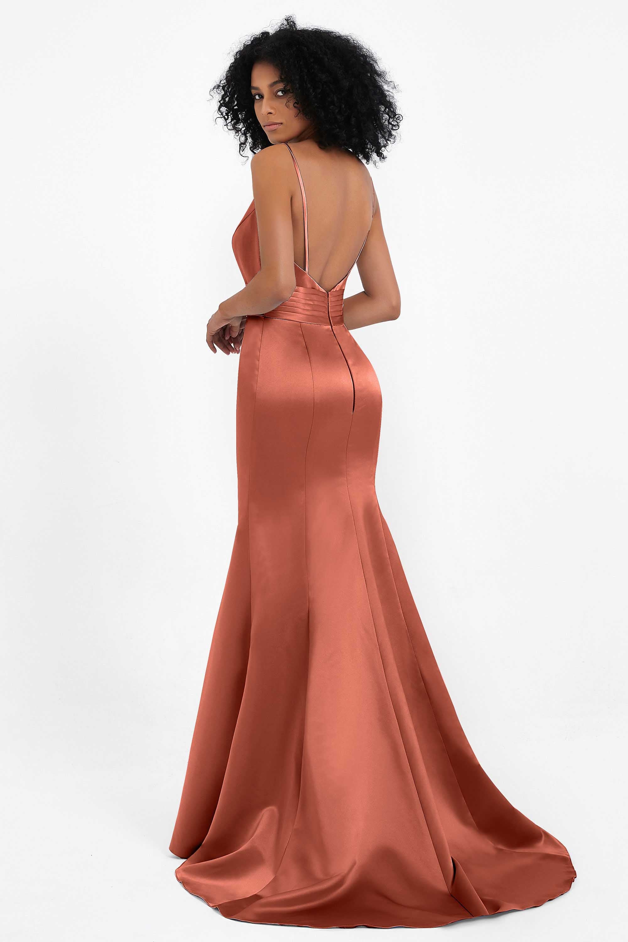 Spaghetti Straps V Neck Satin Formal Evening Dresses Mermaid Prom Party Gowns with Bowknot
