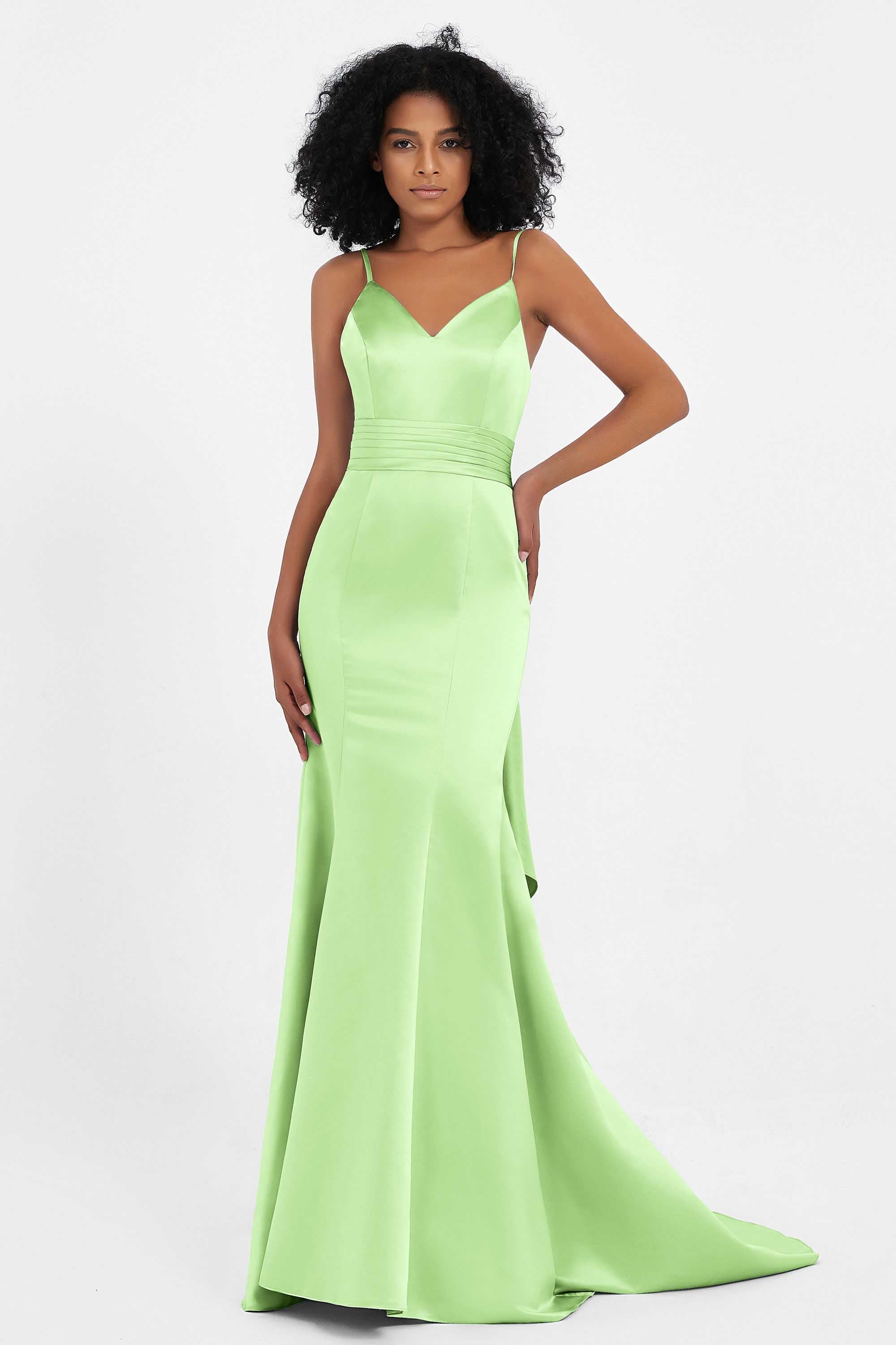 Spaghetti Straps V Neck Satin Formal Evening Dresses Mermaid Prom Party Gowns with Bowknot