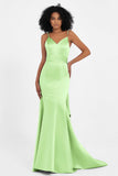 Spaghetti Straps V Neck Satin Formal Evening Dresses Mermaid Prom Party Gowns with Bowknot
