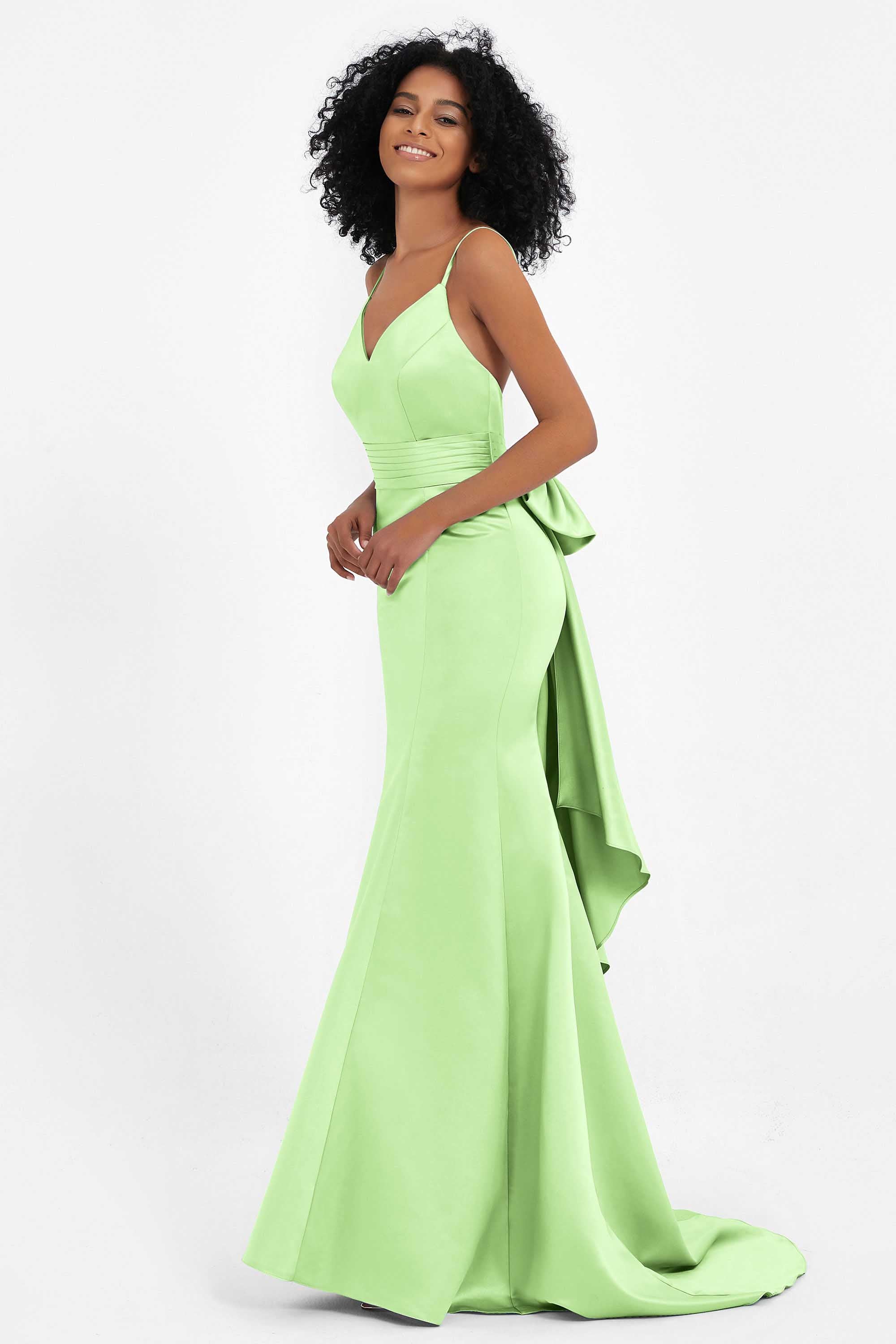 Spaghetti Straps V Neck Satin Formal Evening Dresses Mermaid Prom Party Gowns with Bowknot