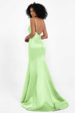 Spaghetti Straps V Neck Satin Formal Evening Dresses Mermaid Prom Party Gowns with Bowknot
