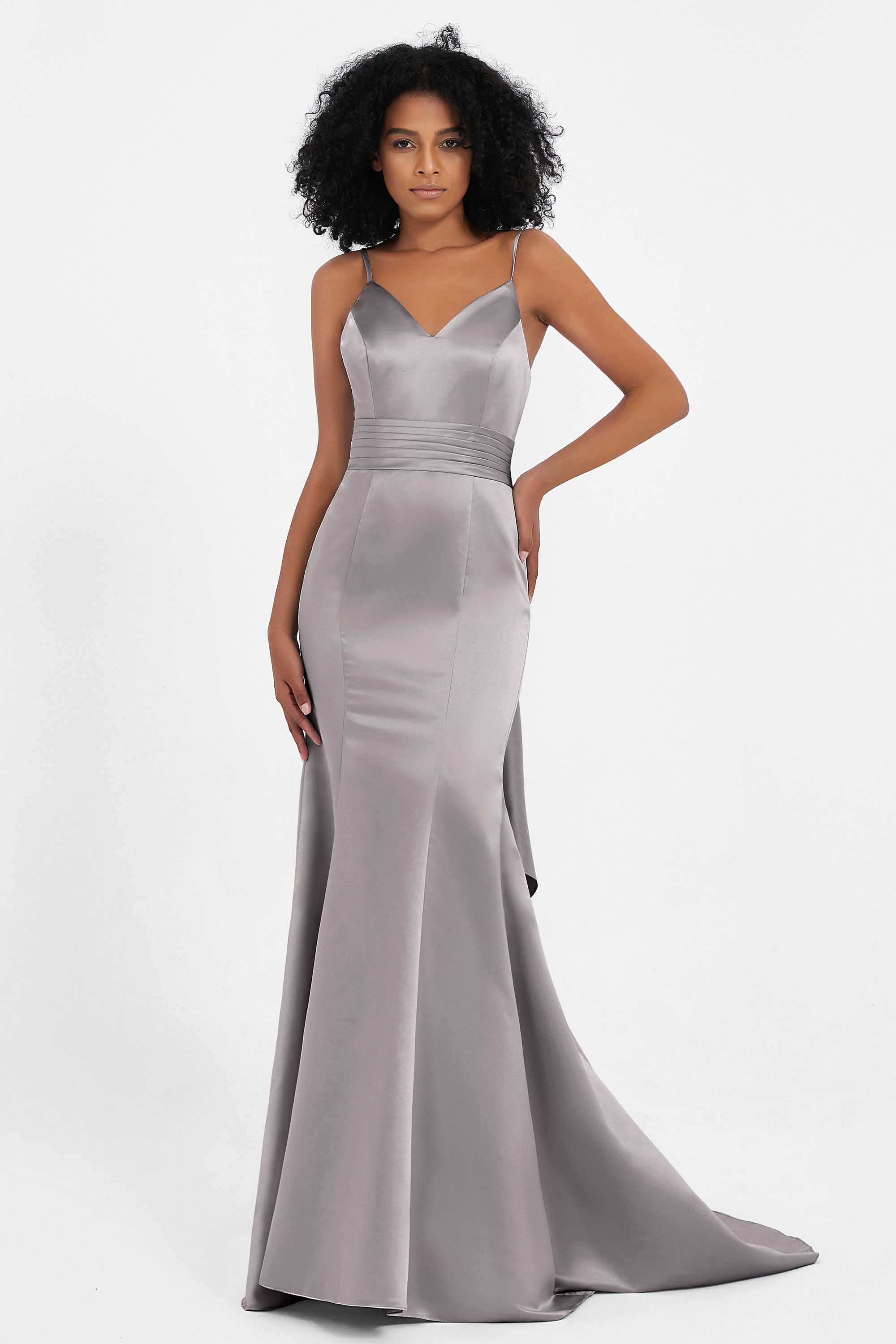 Spaghetti Straps V Neck Satin Formal Evening Dresses Mermaid Prom Party Gowns with Bowknot