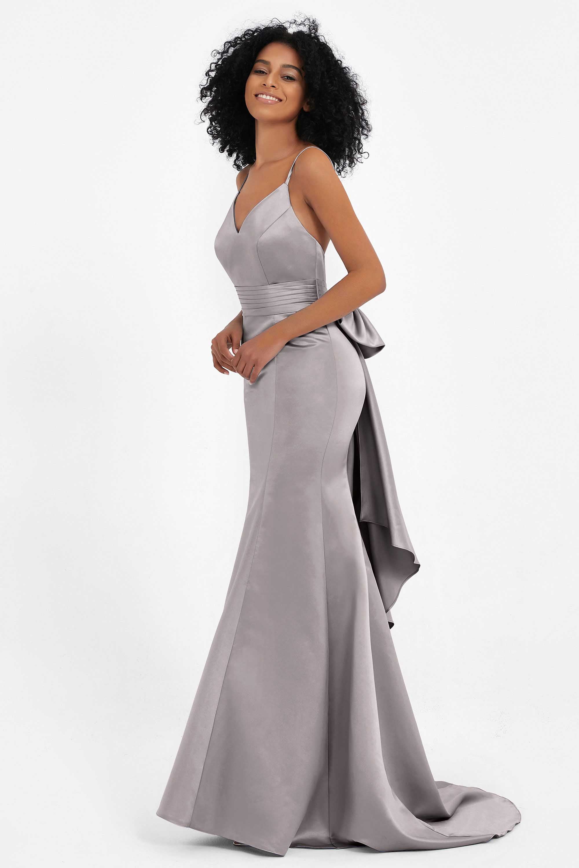 Spaghetti Straps V Neck Satin Formal Evening Dresses Mermaid Prom Party Gowns with Bowknot