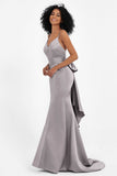 Spaghetti Straps V Neck Satin Formal Evening Dresses Mermaid Prom Party Gowns with Bowknot