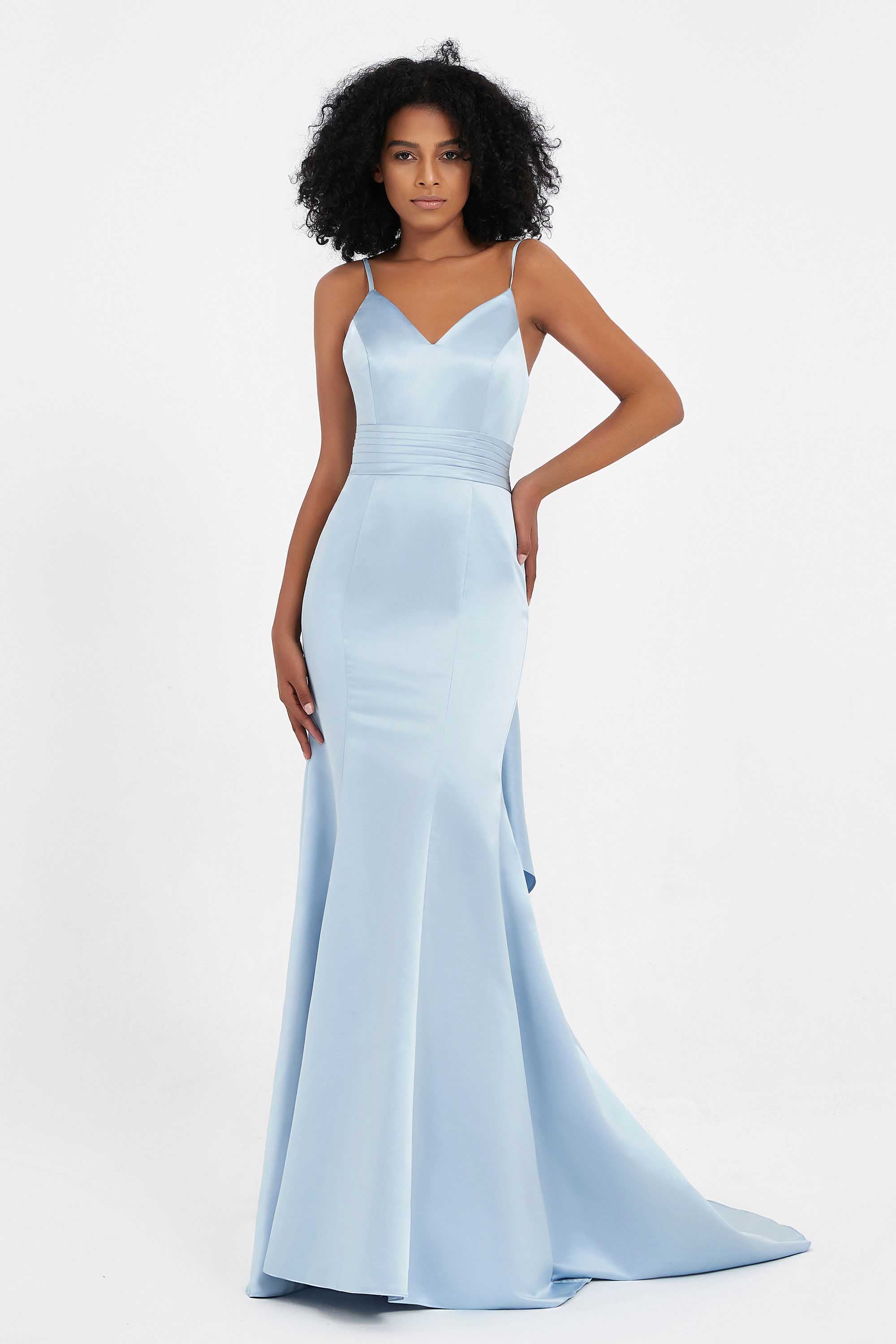 Spaghetti Straps V Neck Satin Formal Evening Dresses Mermaid Prom Party Gowns with Bowknot