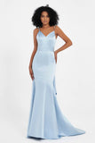 Spaghetti Straps V Neck Satin Formal Evening Dresses Mermaid Prom Party Gowns with Bowknot