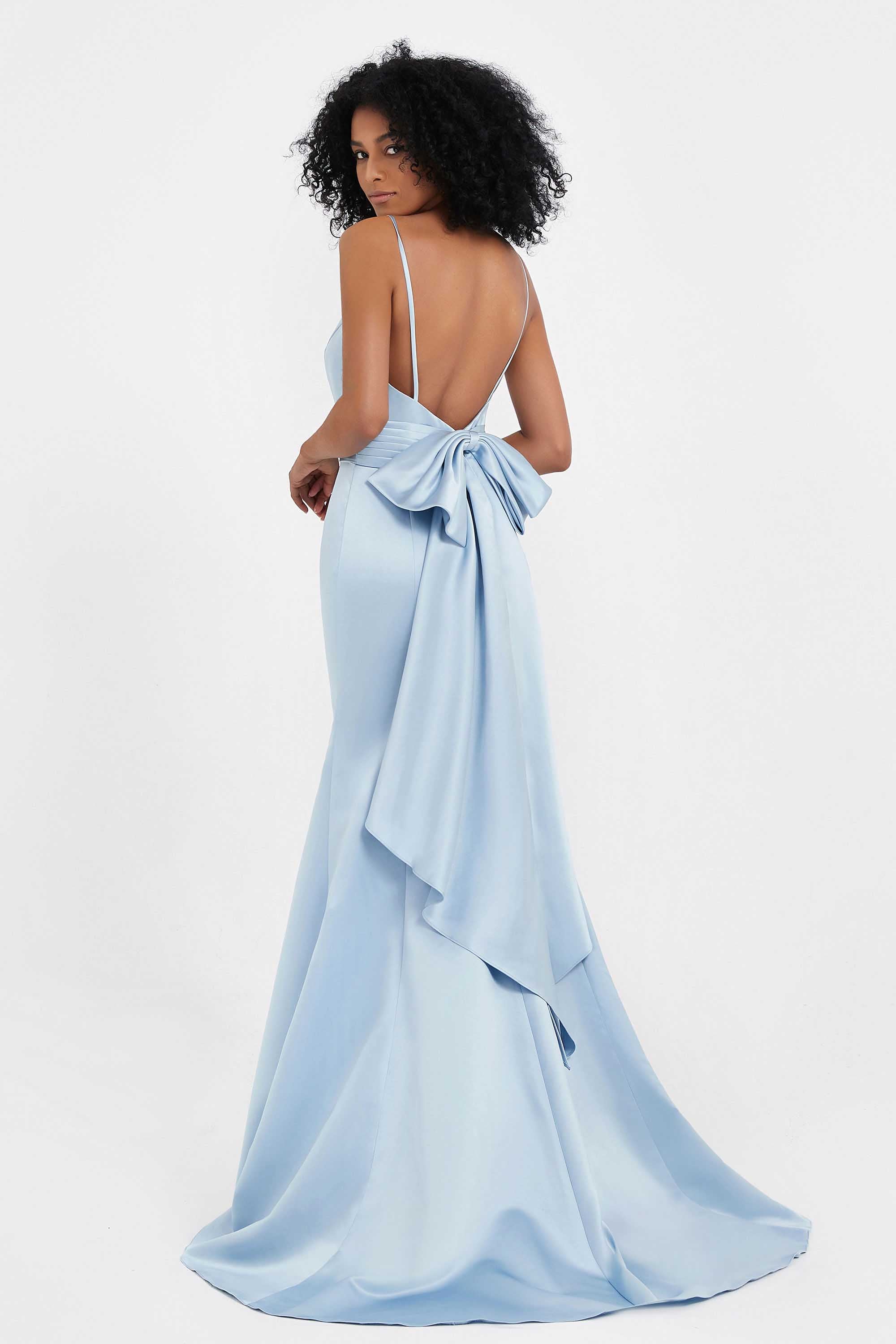 Spaghetti Straps V Neck Satin Formal Evening Dresses Mermaid Prom Party Gowns with Bowknot