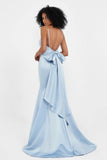 Spaghetti Straps V Neck Satin Formal Evening Dresses Mermaid Prom Party Gowns with Bowknot