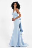 Spaghetti Straps V Neck Satin Formal Evening Dresses Mermaid Prom Party Gowns with Bowknot