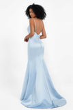 Spaghetti Straps V Neck Satin Formal Evening Dresses Mermaid Prom Party Gowns with Bowknot