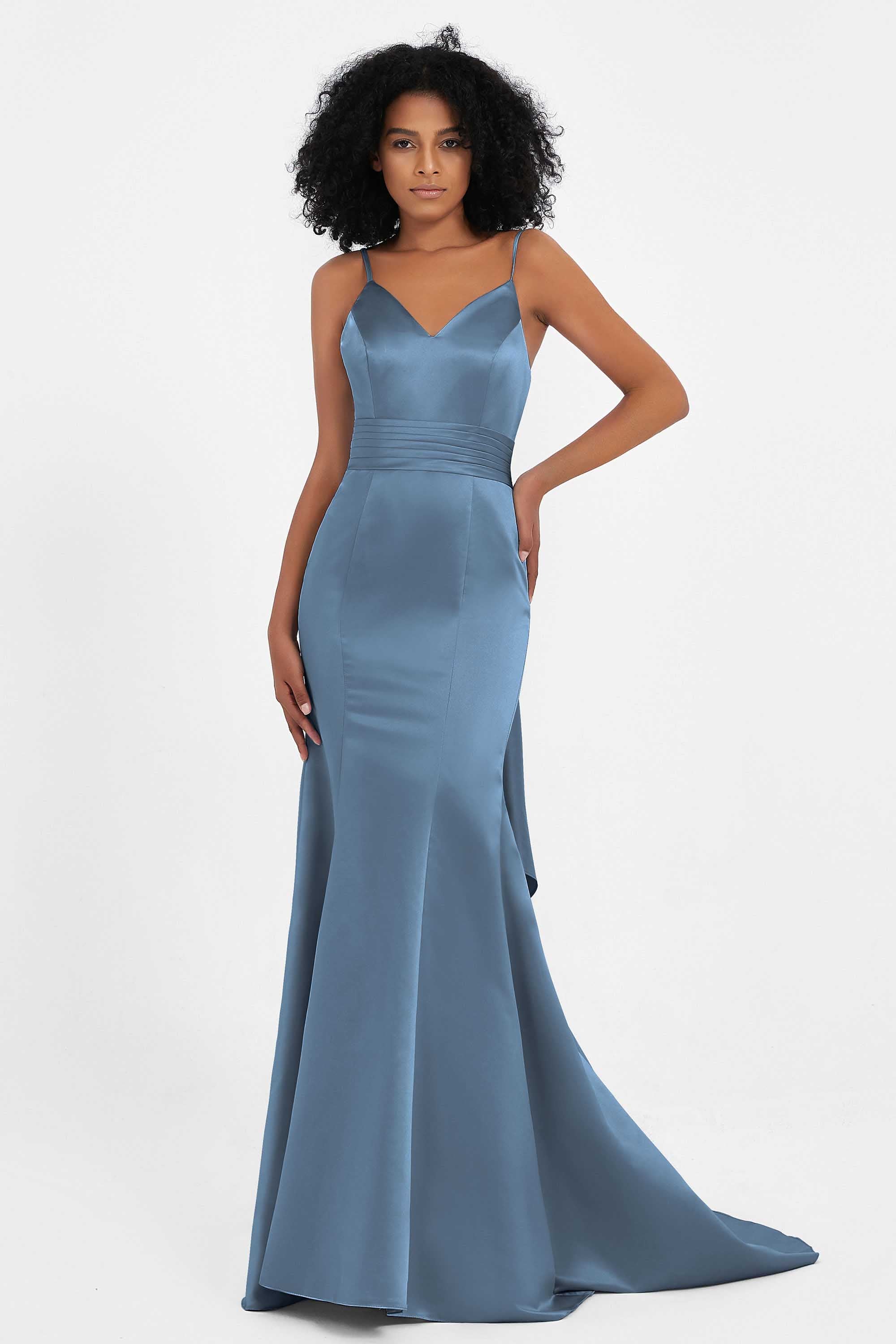 Spaghetti Straps V Neck Satin Formal Evening Dresses Mermaid Prom Party Gowns with Bowknot