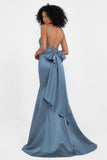 Spaghetti Straps V Neck Satin Formal Evening Dresses Mermaid Prom Party Gowns with Bowknot