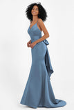 Spaghetti Straps V Neck Satin Formal Evening Dresses Mermaid Prom Party Gowns with Bowknot