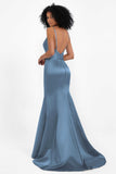 Spaghetti Straps V Neck Satin Formal Evening Dresses Mermaid Prom Party Gowns with Bowknot