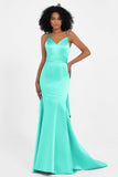 Spaghetti Straps V Neck Satin Formal Evening Dresses Mermaid Prom Party Gowns with Bowknot