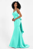 Spaghetti Straps V Neck Satin Formal Evening Dresses Mermaid Prom Party Gowns with Bowknot