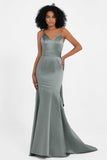 Spaghetti Straps V Neck Satin Formal Evening Dresses Mermaid Prom Party Gowns with Bowknot