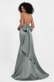 Spaghetti Straps V Neck Satin Formal Evening Dresses Mermaid Prom Party Gowns with Bowknot