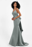 Spaghetti Straps V Neck Satin Formal Evening Dresses Mermaid Prom Party Gowns with Bowknot