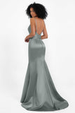 Spaghetti Straps V Neck Satin Formal Evening Dresses Mermaid Prom Party Gowns with Bowknot