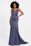 Spaghetti Straps V Neck Satin Formal Evening Dresses Mermaid Prom Party Gowns with Bowknot