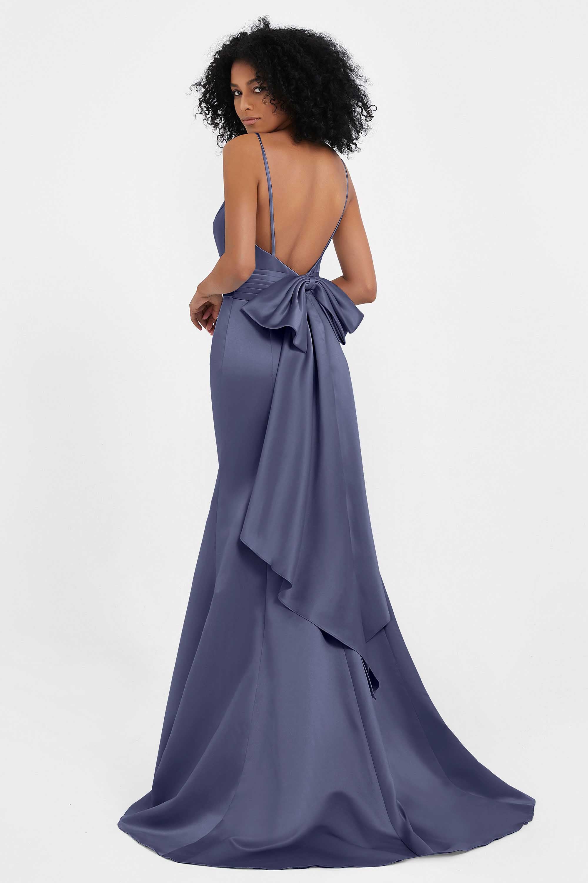 Spaghetti Straps V Neck Satin Formal Evening Dresses Mermaid Prom Party Gowns with Bowknot