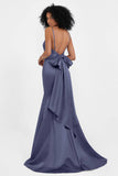 Spaghetti Straps V Neck Satin Formal Evening Dresses Mermaid Prom Party Gowns with Bowknot