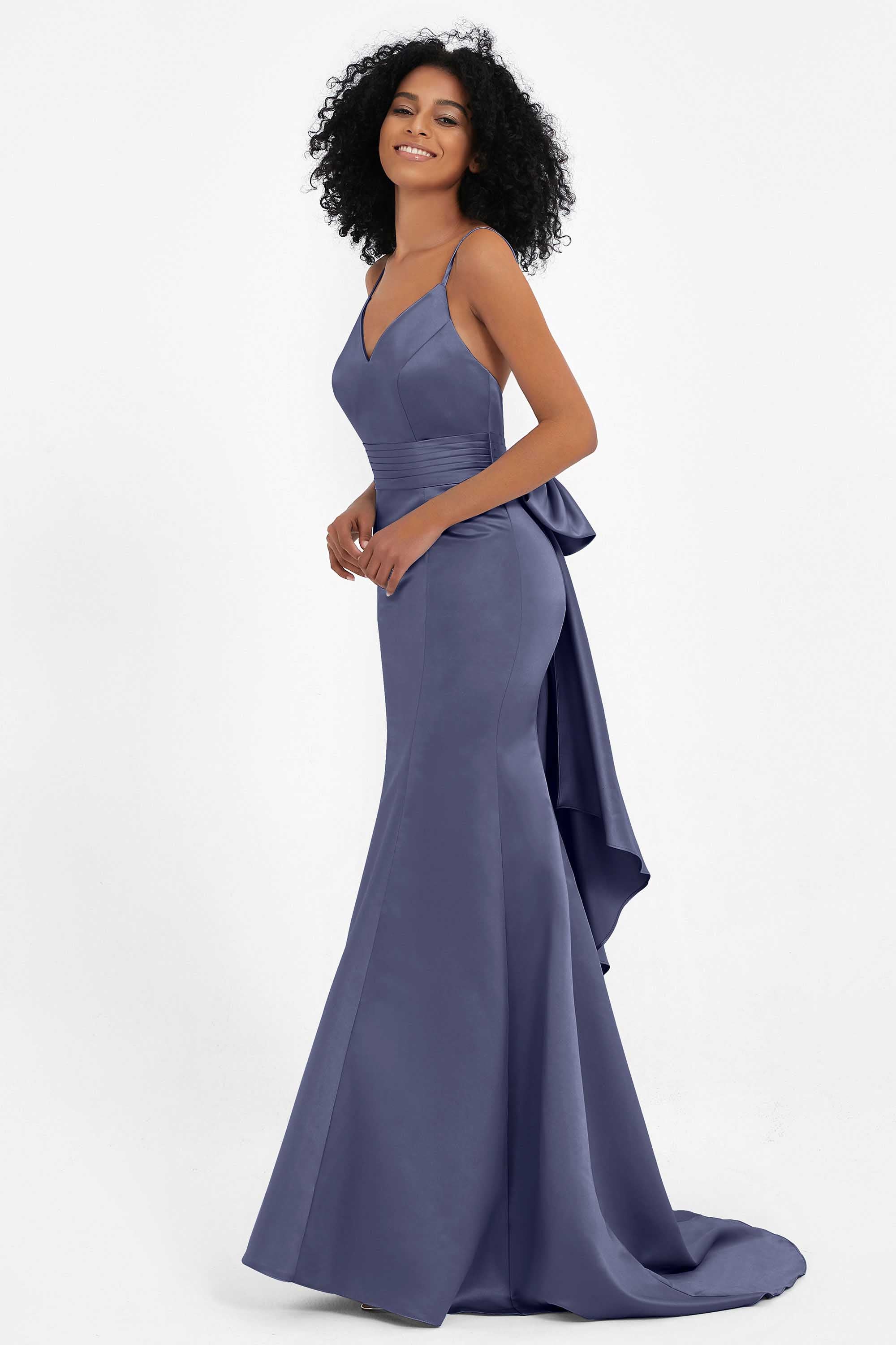 Spaghetti Straps V Neck Satin Formal Evening Dresses Mermaid Prom Party Gowns with Bowknot