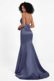 Spaghetti Straps V Neck Satin Formal Evening Dresses Mermaid Prom Party Gowns with Bowknot