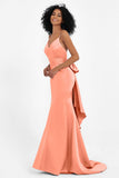 Spaghetti Straps V Neck Satin Formal Evening Dresses Mermaid Prom Party Gowns with Bowknot