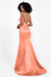 Spaghetti Straps V Neck Satin Formal Evening Dresses Mermaid Prom Party Gowns with Bowknot