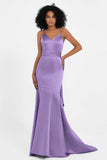 Spaghetti Straps V Neck Satin Formal Evening Dresses Mermaid Prom Party Gowns with Bowknot