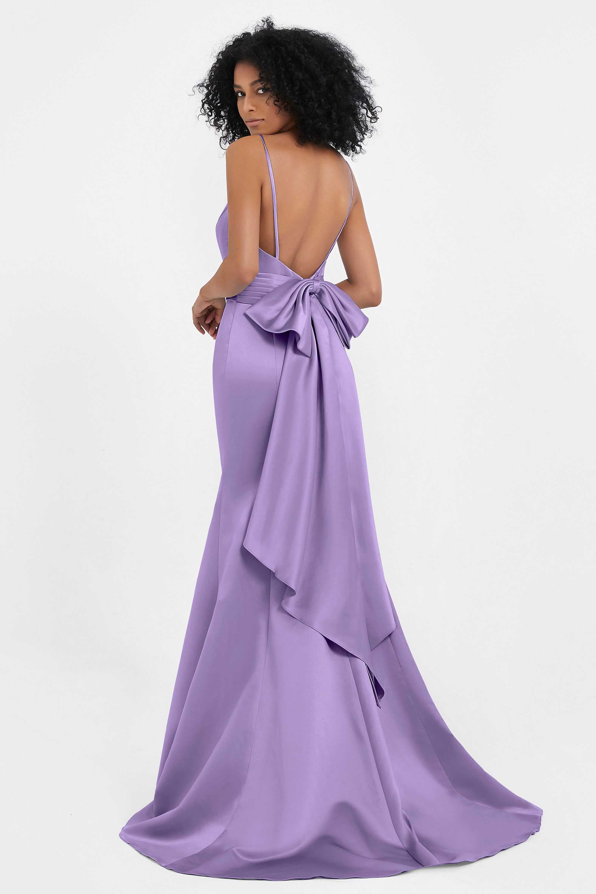 Spaghetti Straps V Neck Satin Formal Evening Dresses Mermaid Prom Party Gowns with Bowknot