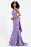 Spaghetti Straps V Neck Satin Formal Evening Dresses Mermaid Prom Party Gowns with Bowknot