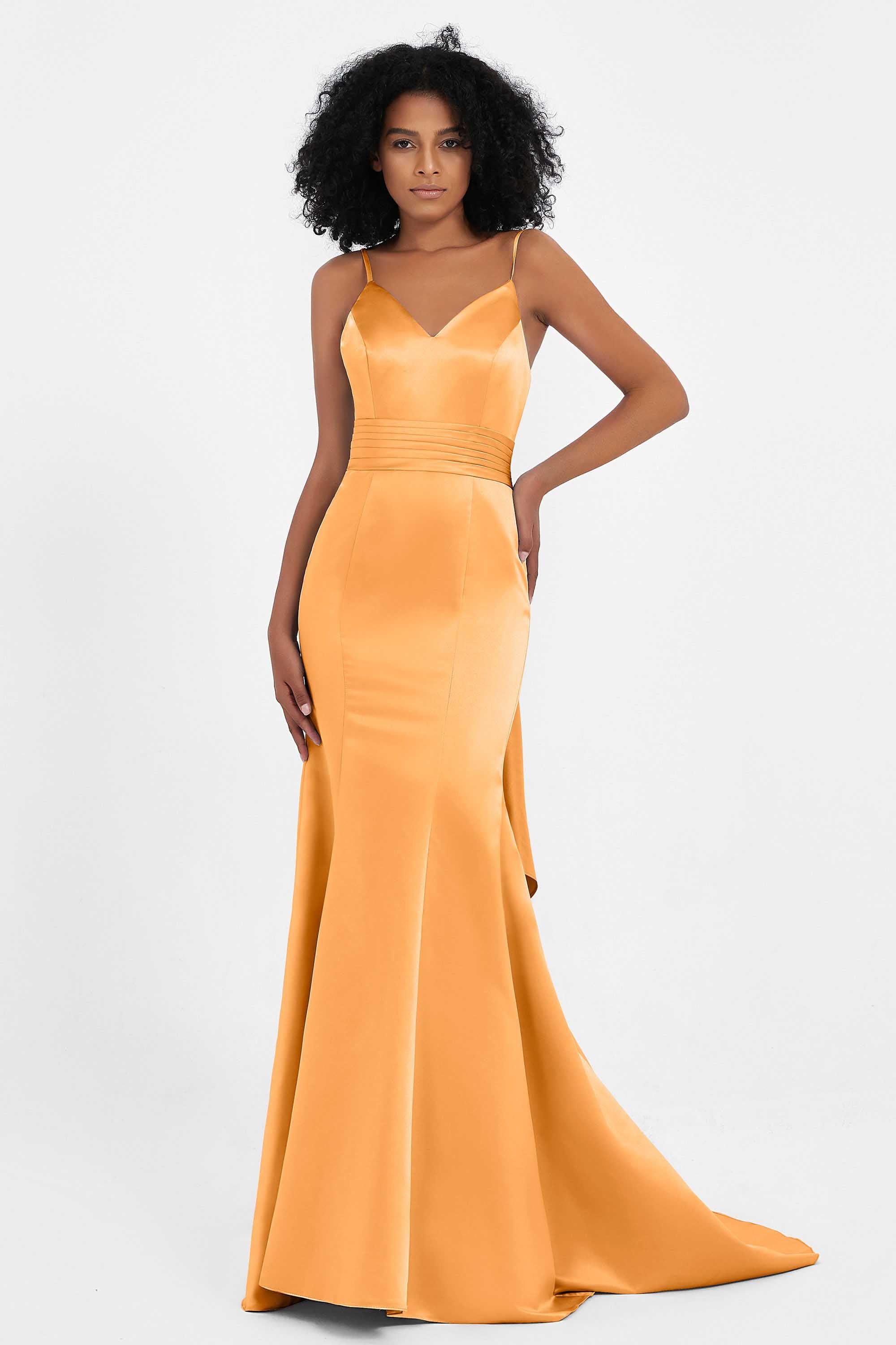 Spaghetti Straps V Neck Satin Formal Evening Dresses Mermaid Prom Party Gowns with Bowknot
