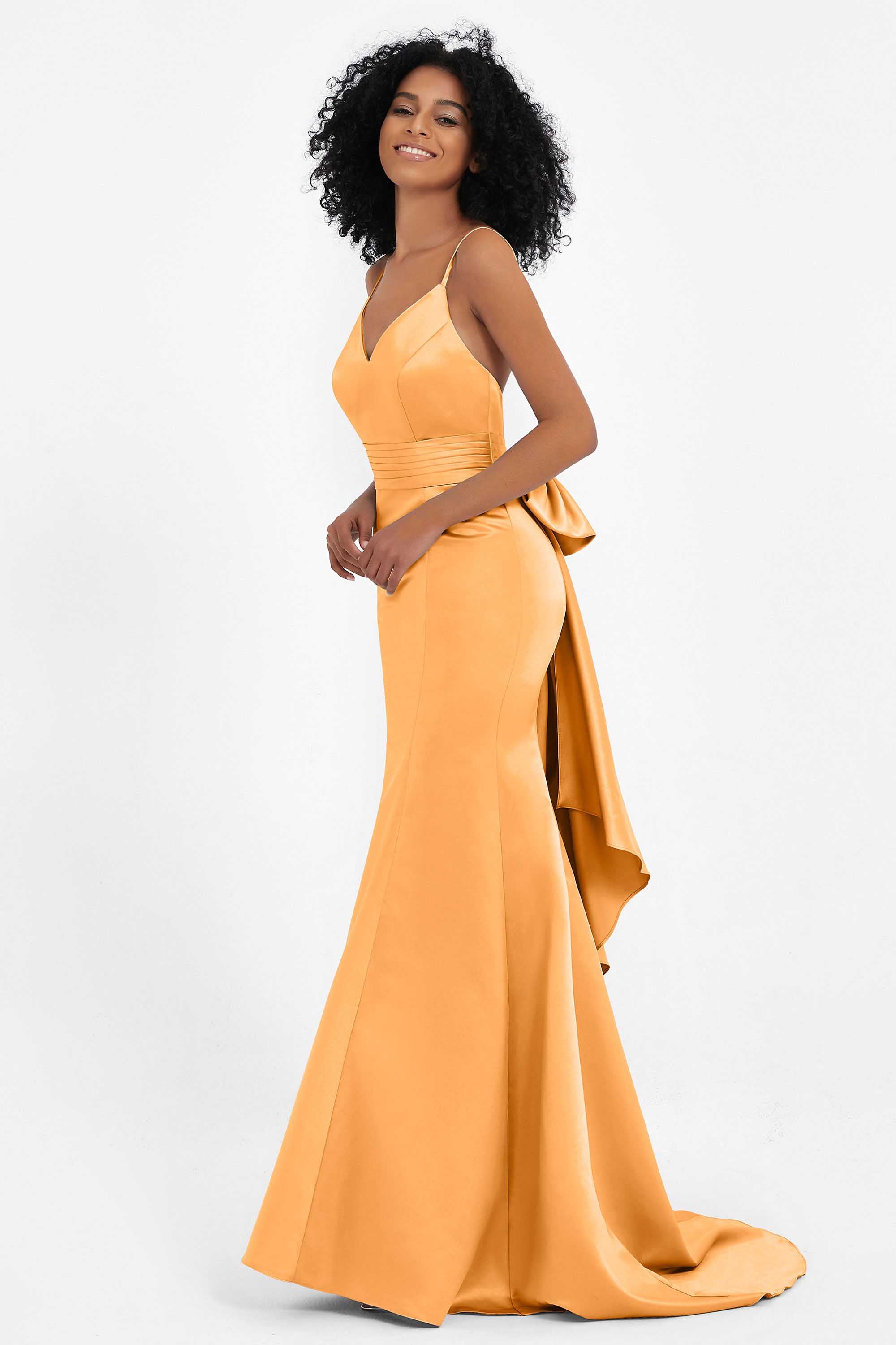 Spaghetti Straps V Neck Satin Formal Evening Dresses Mermaid Prom Party Gowns with Bowknot