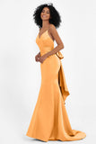 Spaghetti Straps V Neck Satin Formal Evening Dresses Mermaid Prom Party Gowns with Bowknot