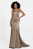 Spaghetti Straps V Neck Satin Formal Evening Dresses Mermaid Prom Party Gowns with Bowknot