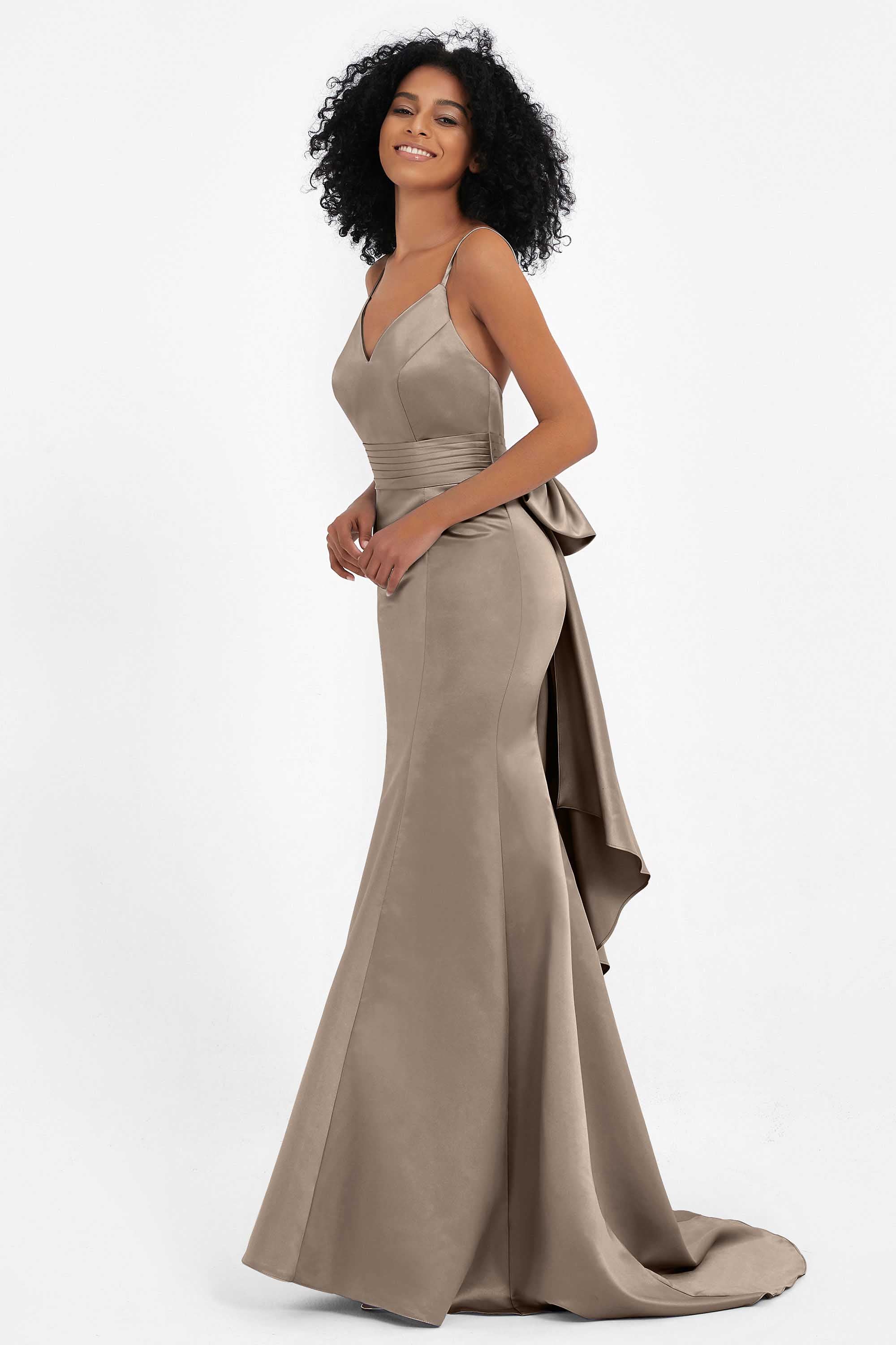 Spaghetti Straps V Neck Satin Formal Evening Dresses Mermaid Prom Party Gowns with Bowknot