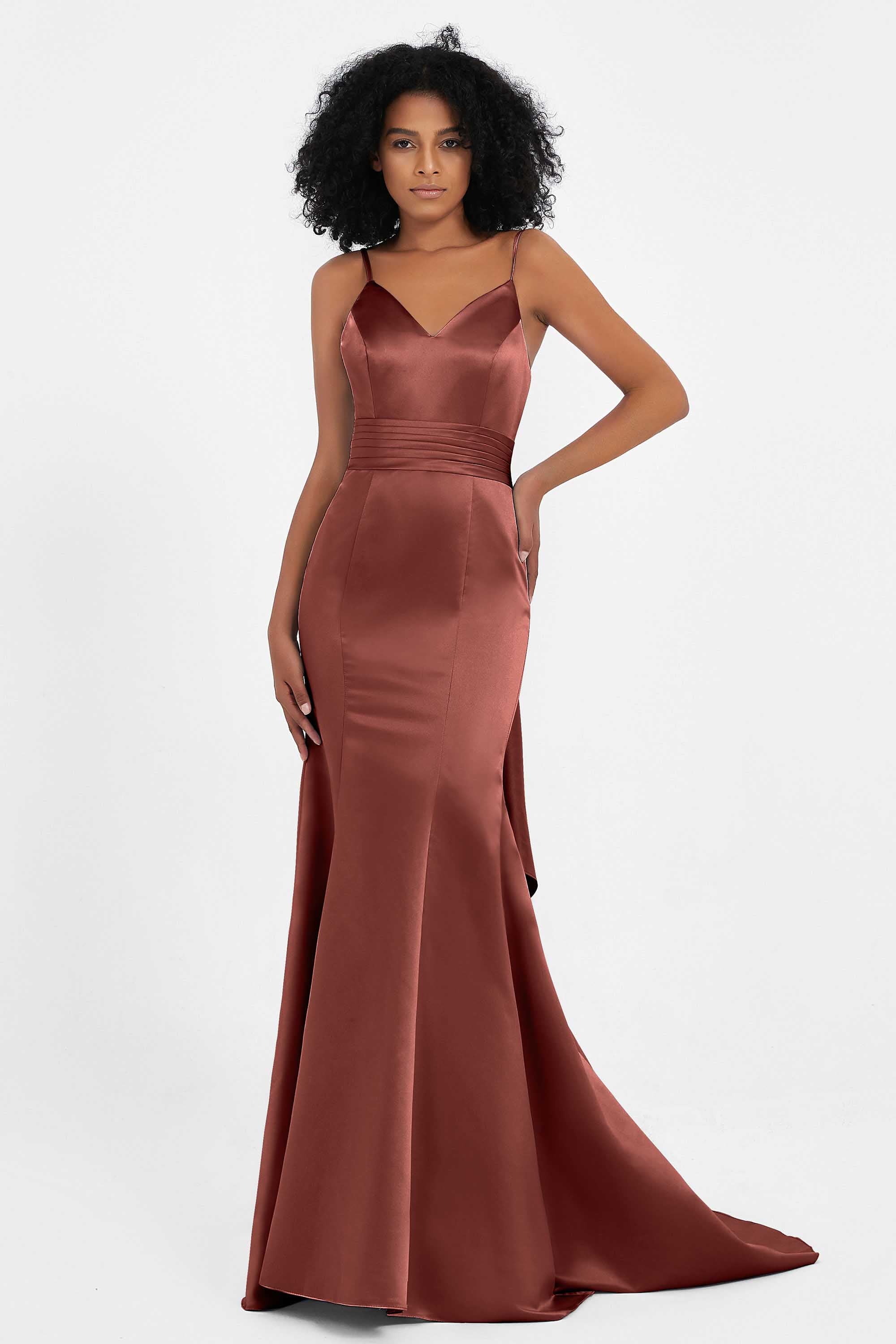Spaghetti Straps V Neck Satin Formal Evening Dresses Mermaid Prom Party Gowns with Bowknot