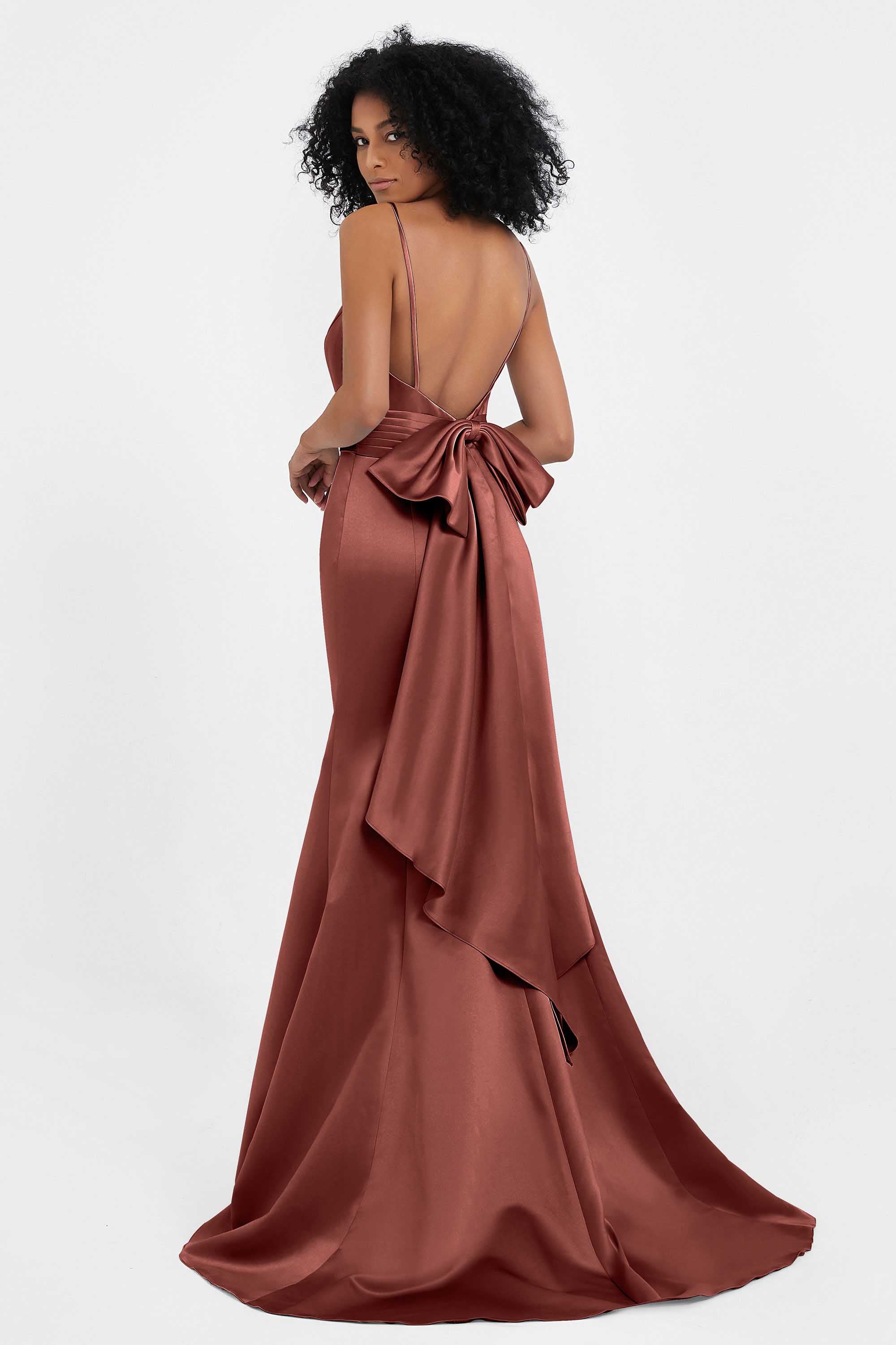 Spaghetti Straps V Neck Satin Formal Evening Dresses Mermaid Prom Party Gowns with Bowknot