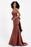 Spaghetti Straps V Neck Satin Formal Evening Dresses Mermaid Prom Party Gowns with Bowknot