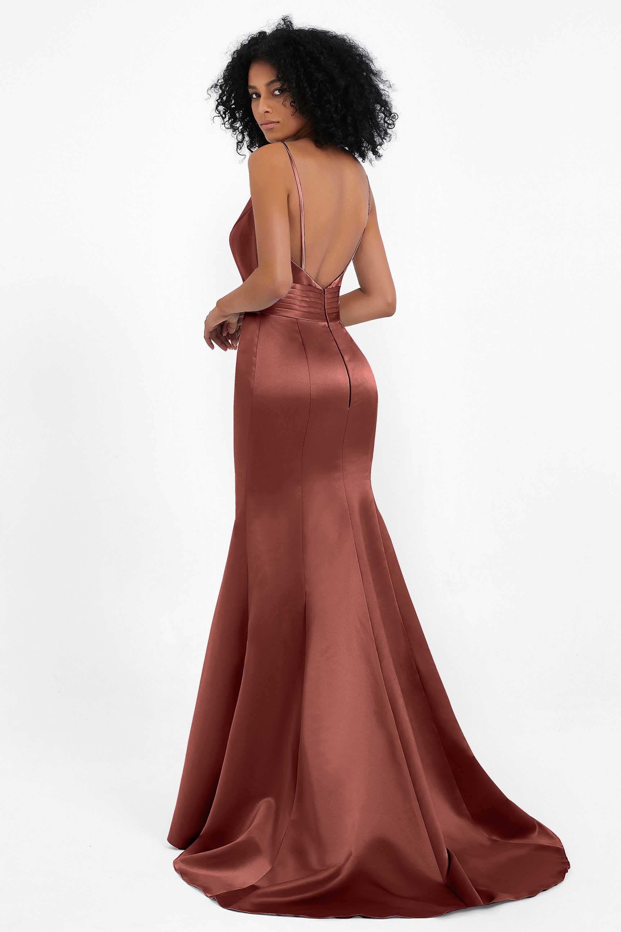 Spaghetti Straps V Neck Satin Formal Evening Dresses Mermaid Prom Party Gowns with Bowknot