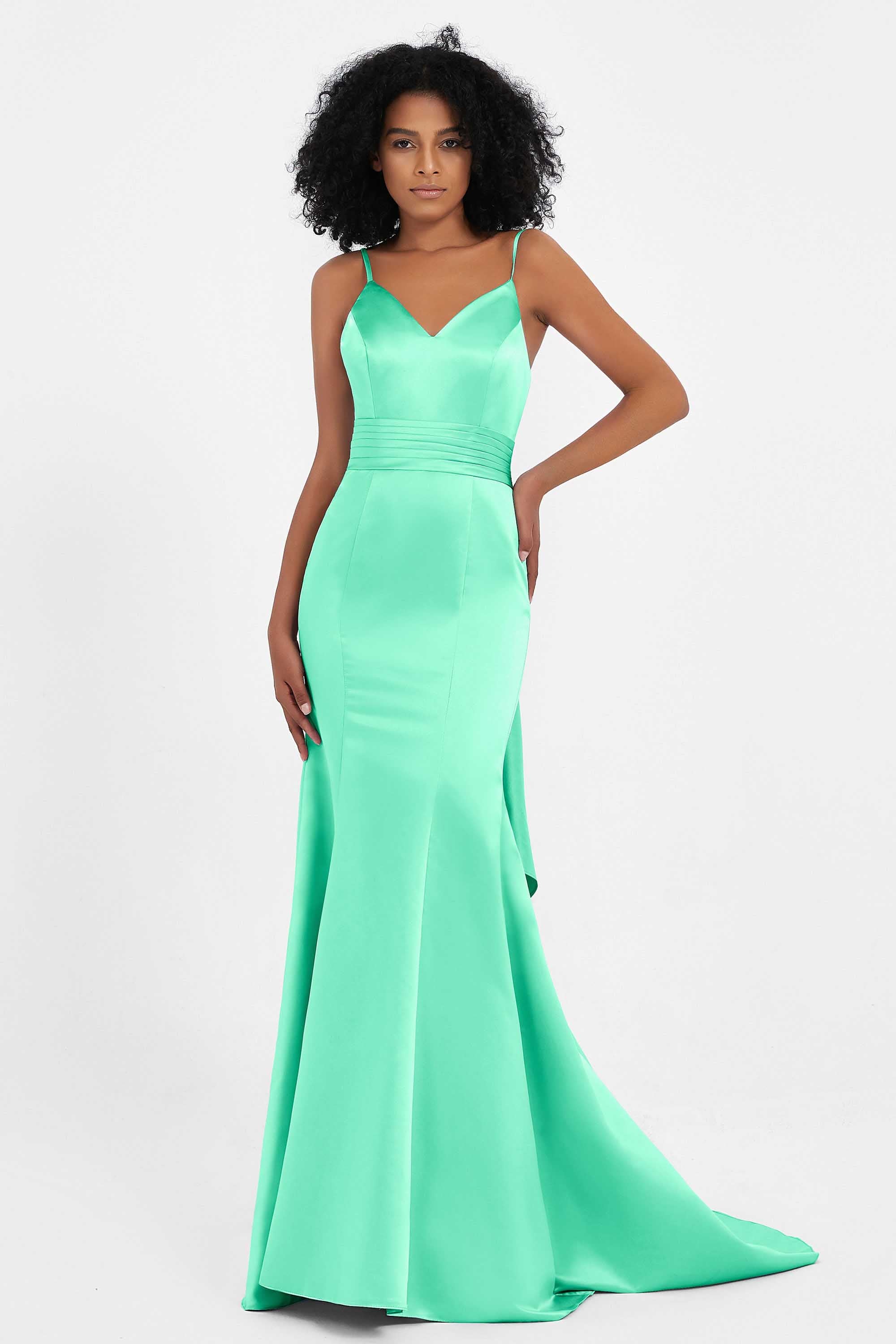 Spaghetti Straps V Neck Satin Formal Evening Dresses Mermaid Prom Party Gowns with Bowknot